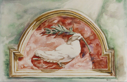 A symbolic painting of a white dove holding an olive branch, representing peace, hope, healing, and compassion