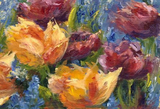 Gina Anderson painting of golden and deep maroon tulips inspired by Keukenhof Gardens in Amsterdam, capturing the warmth and richness of spring light