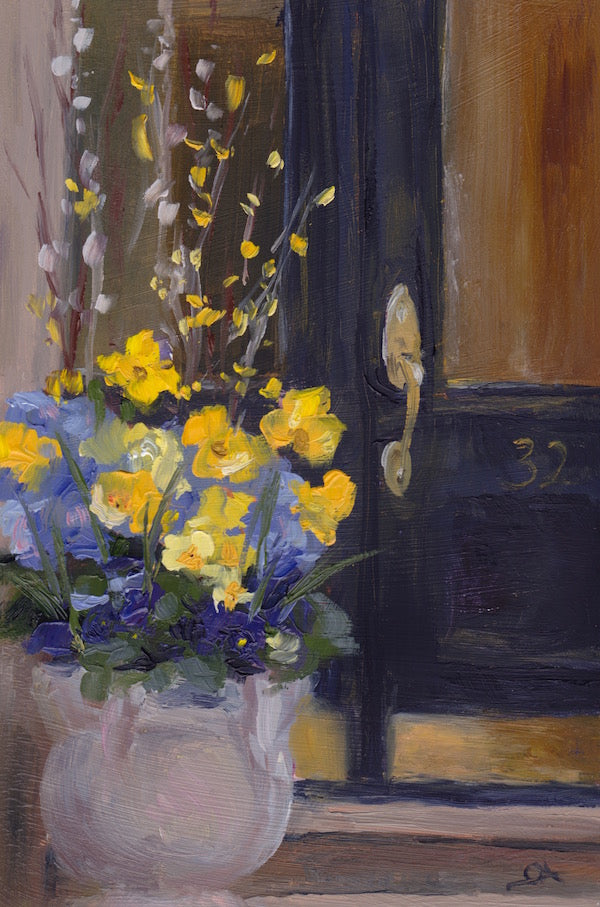 Painting of a Boston brownstone doorway in early spring featuring bright yellow daffodils, purple and blue pansies, and pussy willows arranged in a planter beside the front entrance, capturing the hopeful transition from winter to spring.