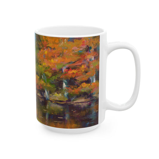 Moxie Maples 15 oz mug featuring colorful New England fall trees reflected in water