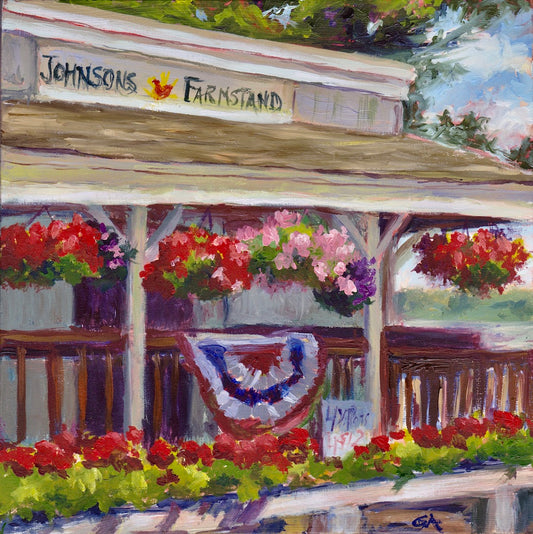 Impressionist painting of a charming New Hampshire farm stand in summer, filled with colorful hanging flowers, fresh produce, patriotic bunting, and warm small-town New England character.