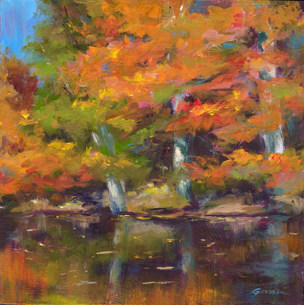 Moxie Maples painting of vibrant orange, red, yellow and green fall trees reflected in water near Peterborough, New Hampshire