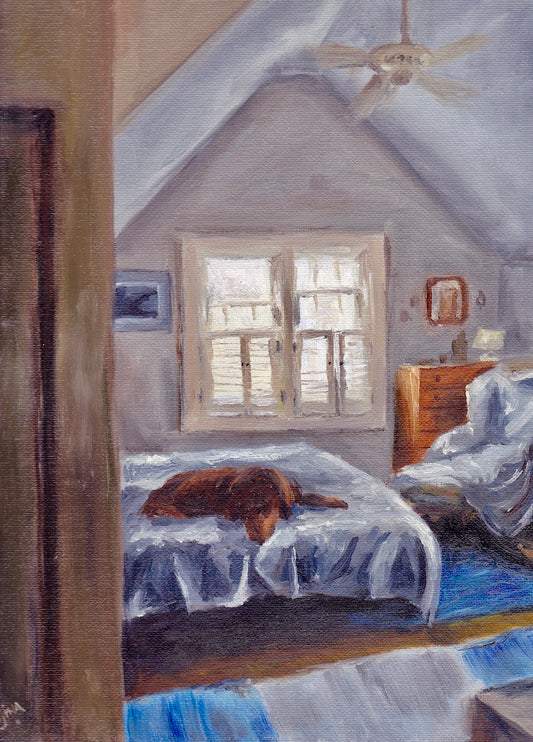 Painting of Bigsley, a brown dog peacefully sleeping on a bed in a softly lit bedroom on Martha’s Vineyard