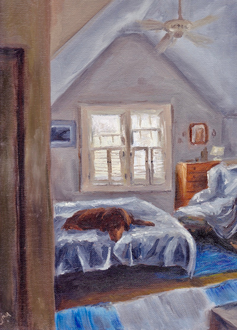 Painting of Bigsley, a brown dog peacefully sleeping on a bed in a softly lit bedroom on Martha’s Vineyard