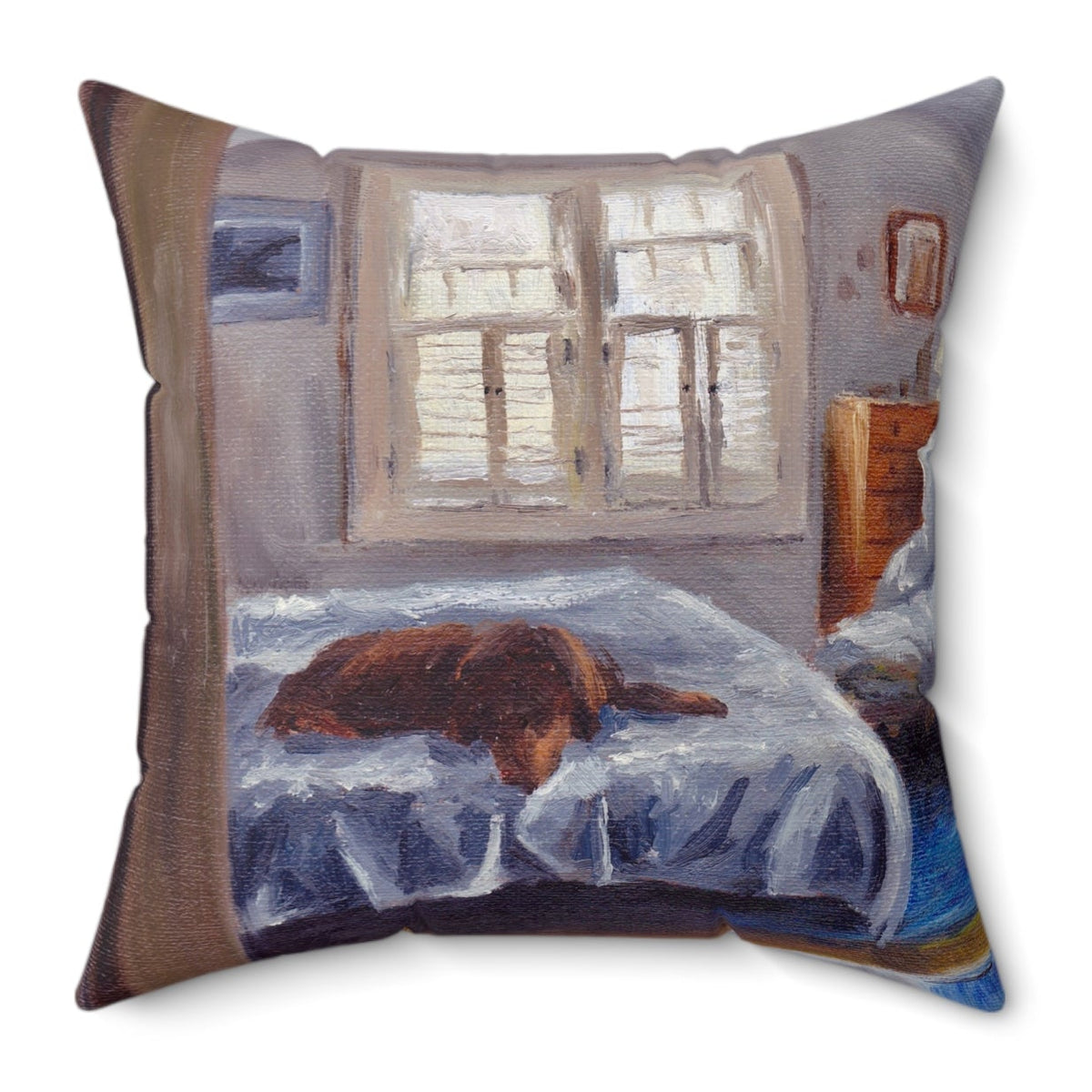 The Afternoon Nap 14-inch throw pillow featuring a painting of a brown dog peacefully sleeping on a bed.